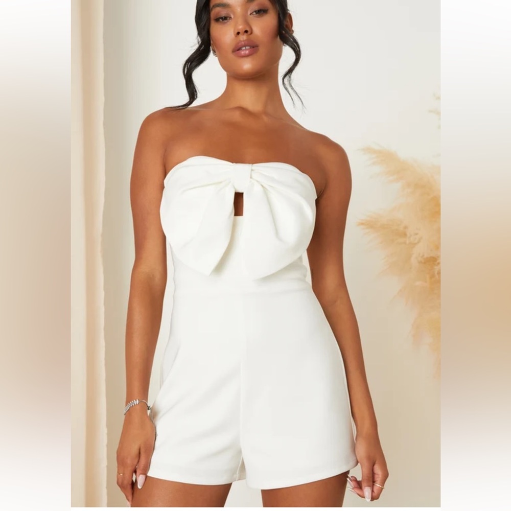 Lulus Memorable Status Ivory Strapless Bow-Front Cutout Romper